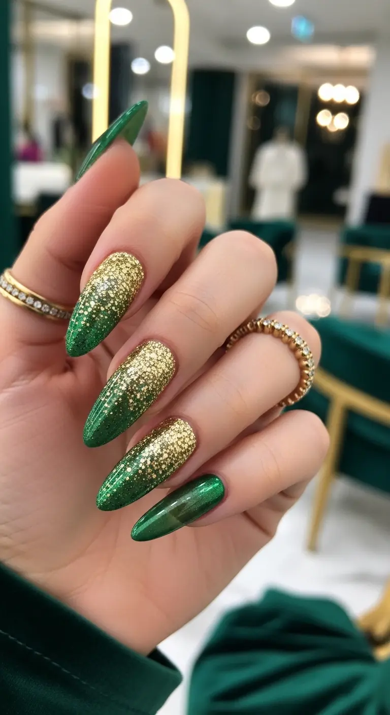 Gold Glitter Ombre on Green