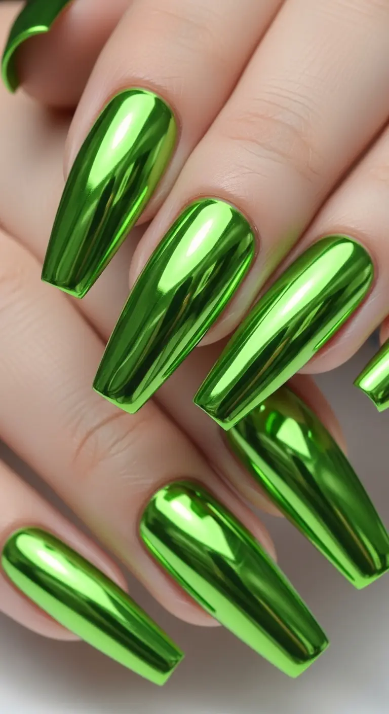 Lime Green Chrome Coffin Nails