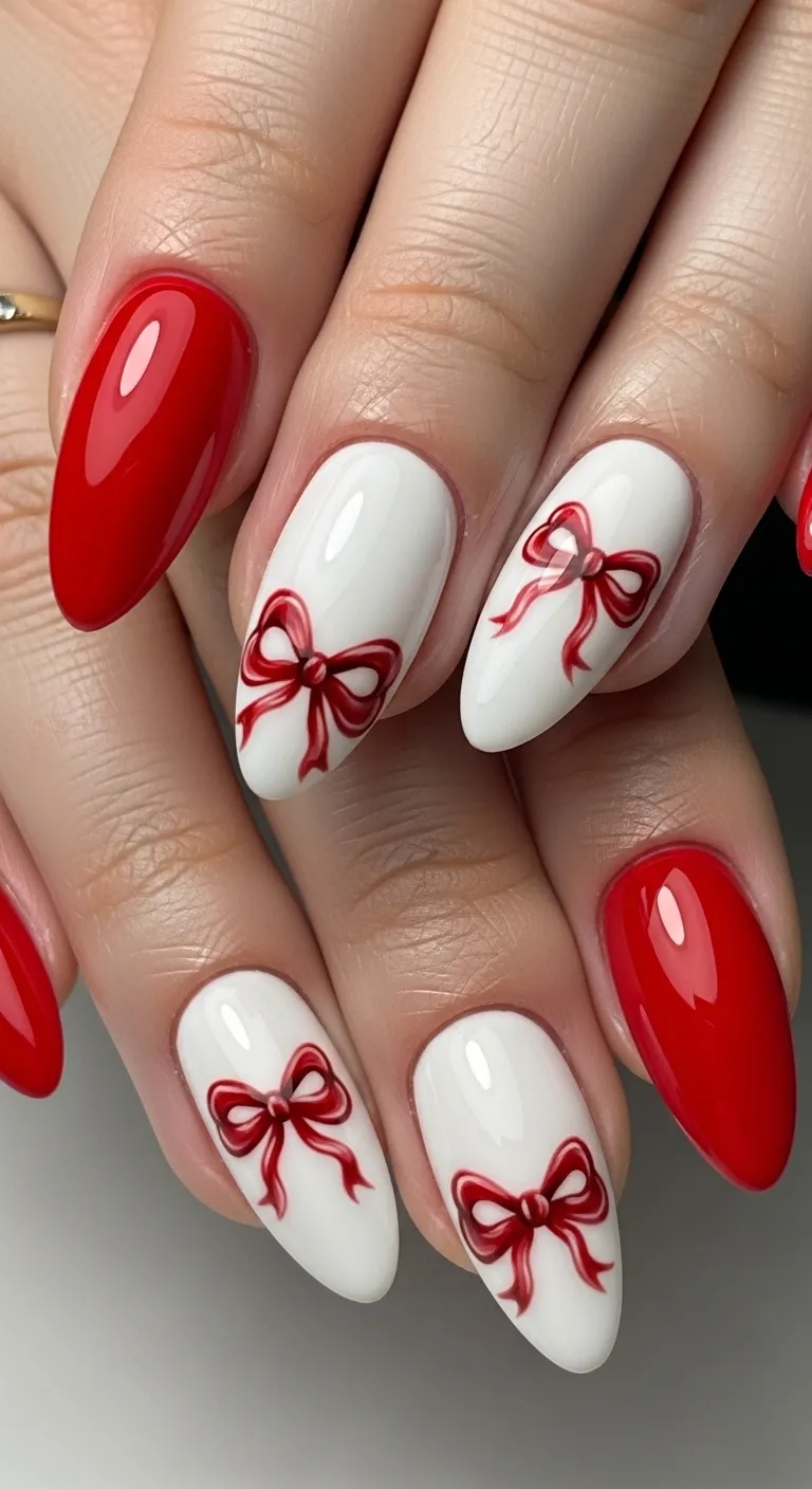 Red and White Almond Bow Nails