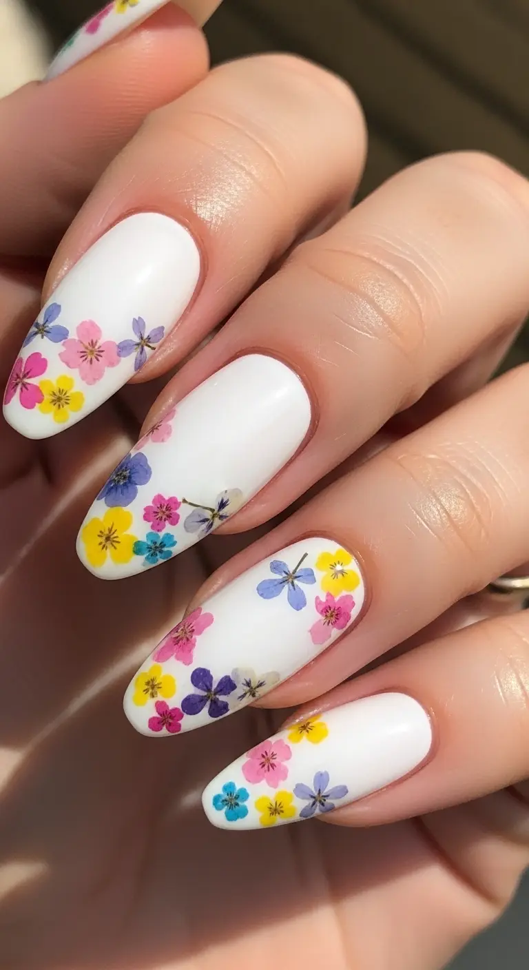 White Nails with Tiny Pressed Flowers