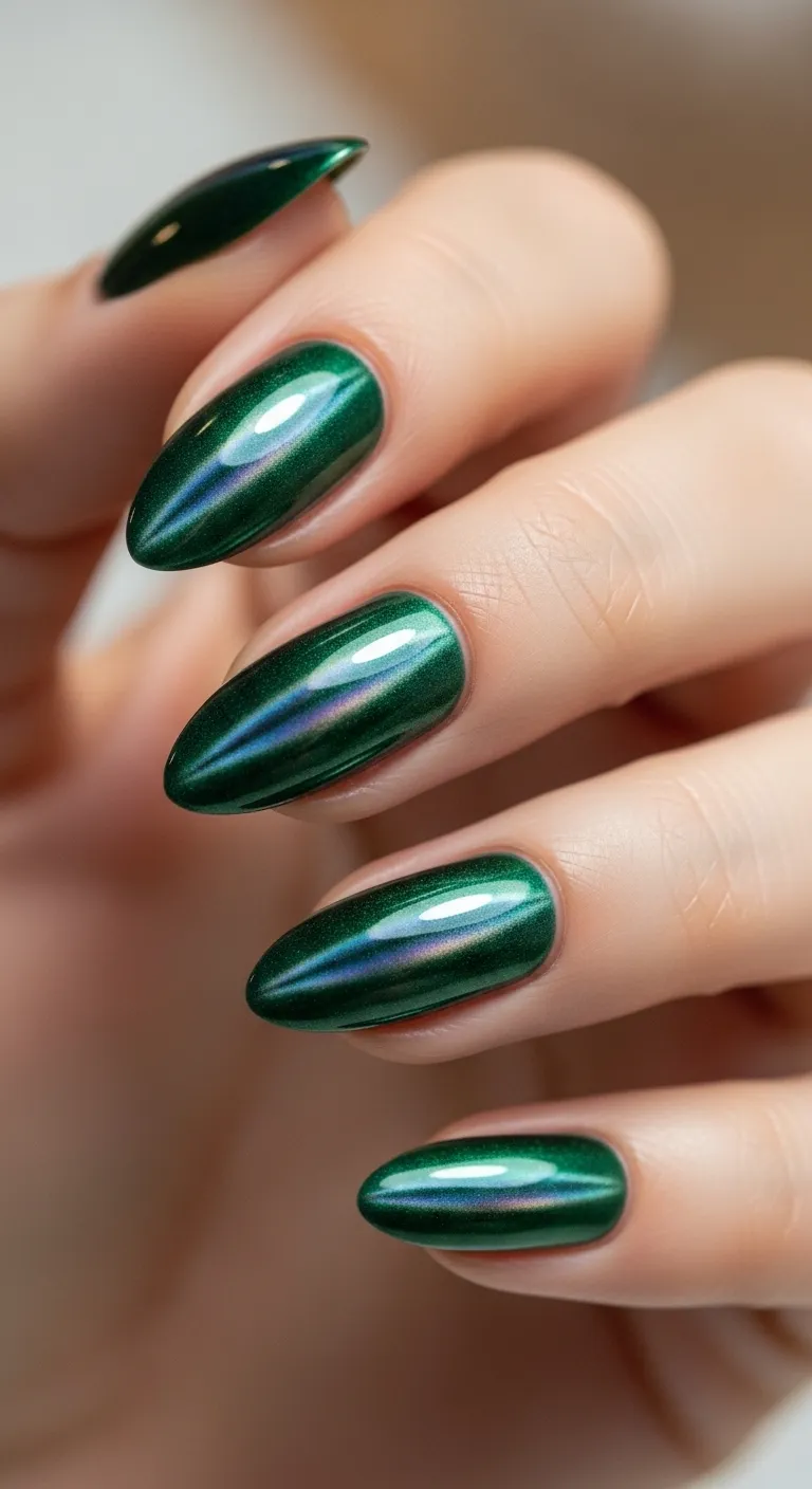  Forest Green Chrome Cat Eye Nails