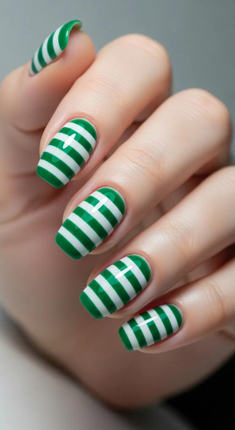 Green and White Striped Nails