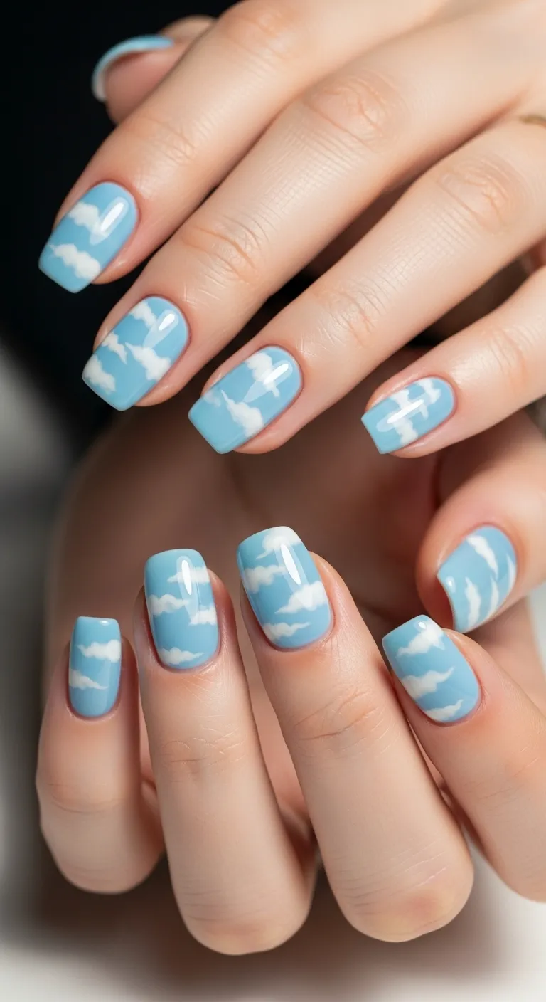 Sky Blue Nails With White Clouds