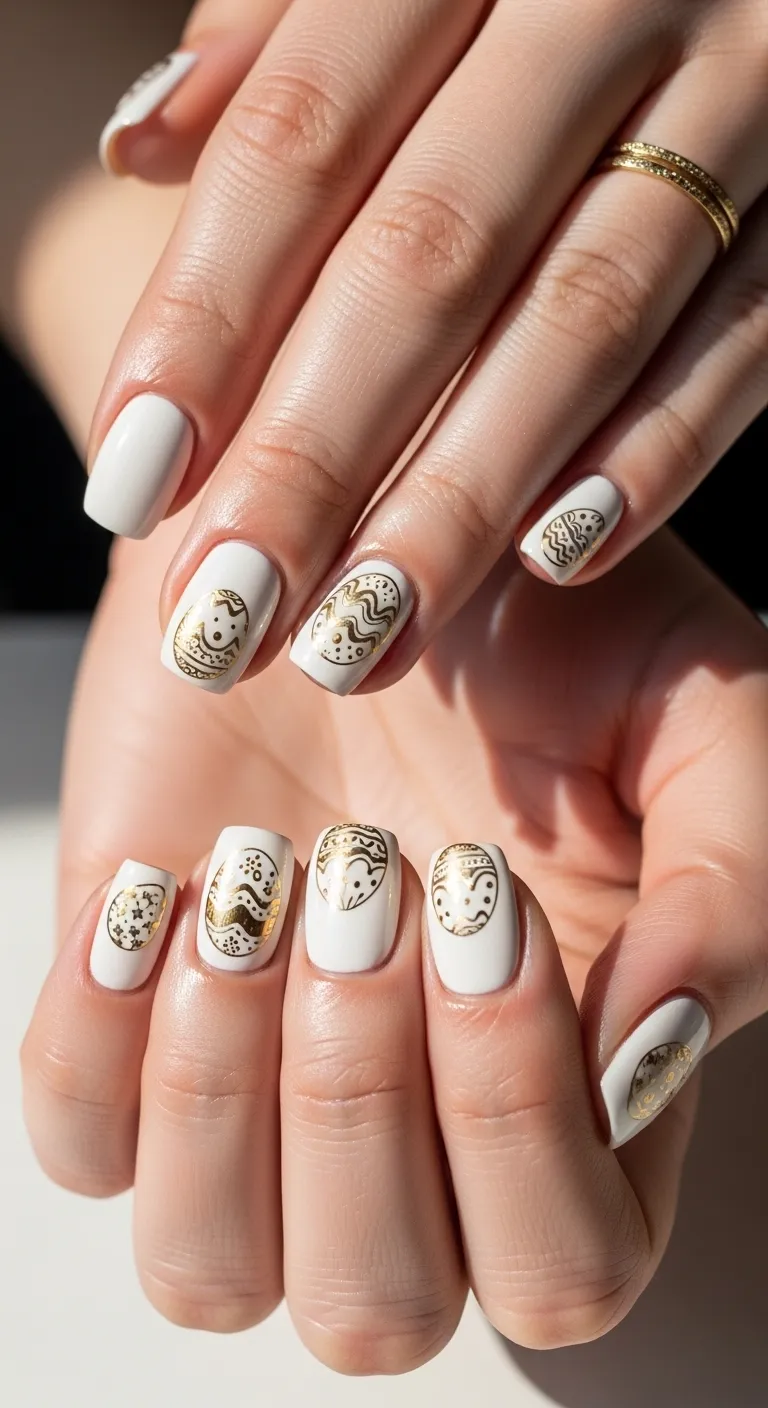 White Nails With Gold Easter Eggs