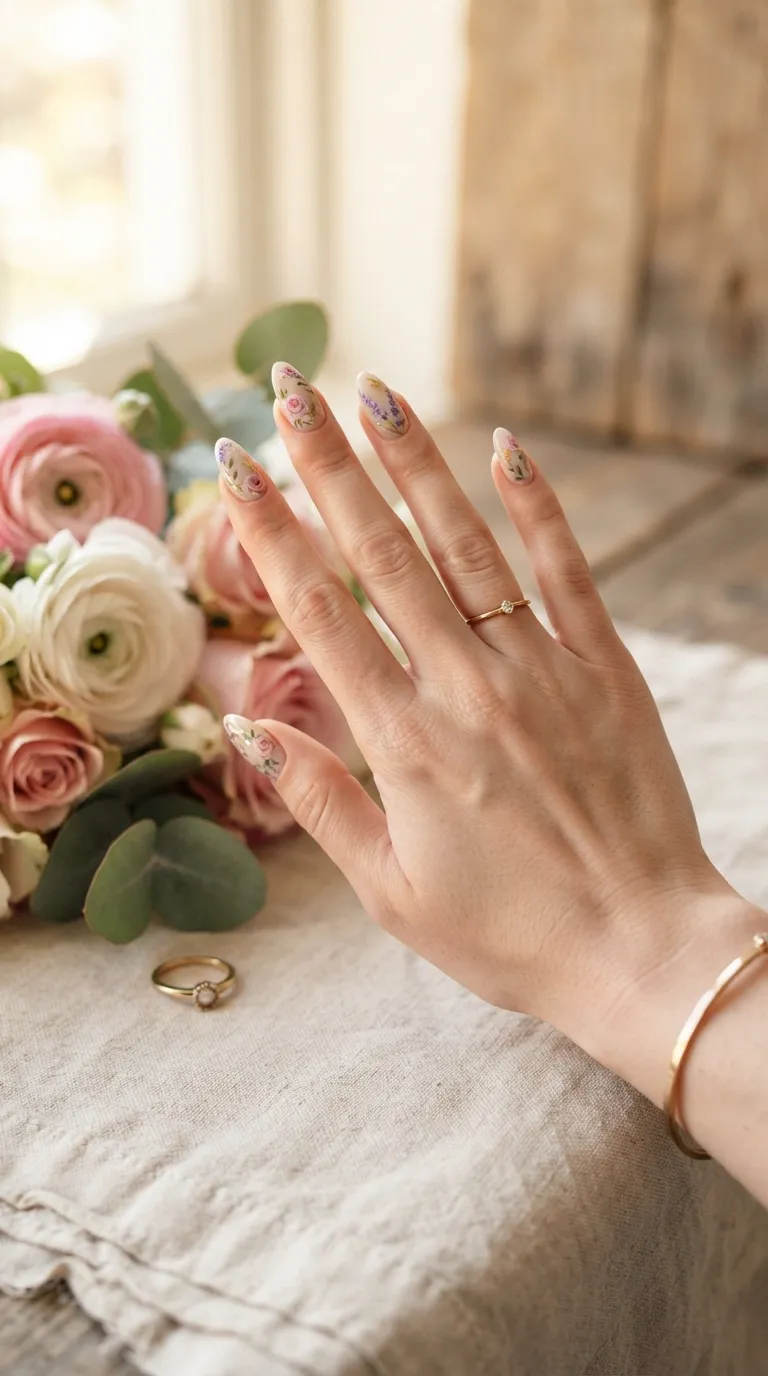10. Almond Nails With Floral Designs