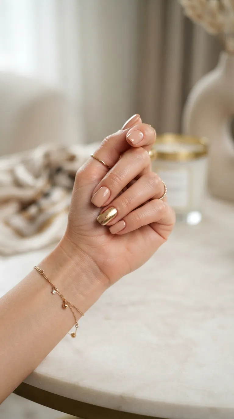 14. Nude with Gold Accent Nail