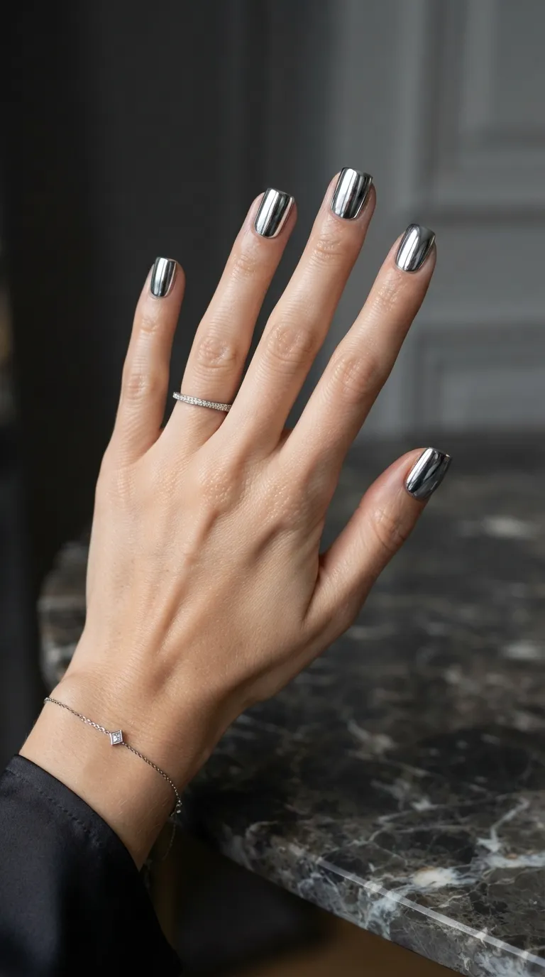 8. Chrome and Metallic Short Square Nails