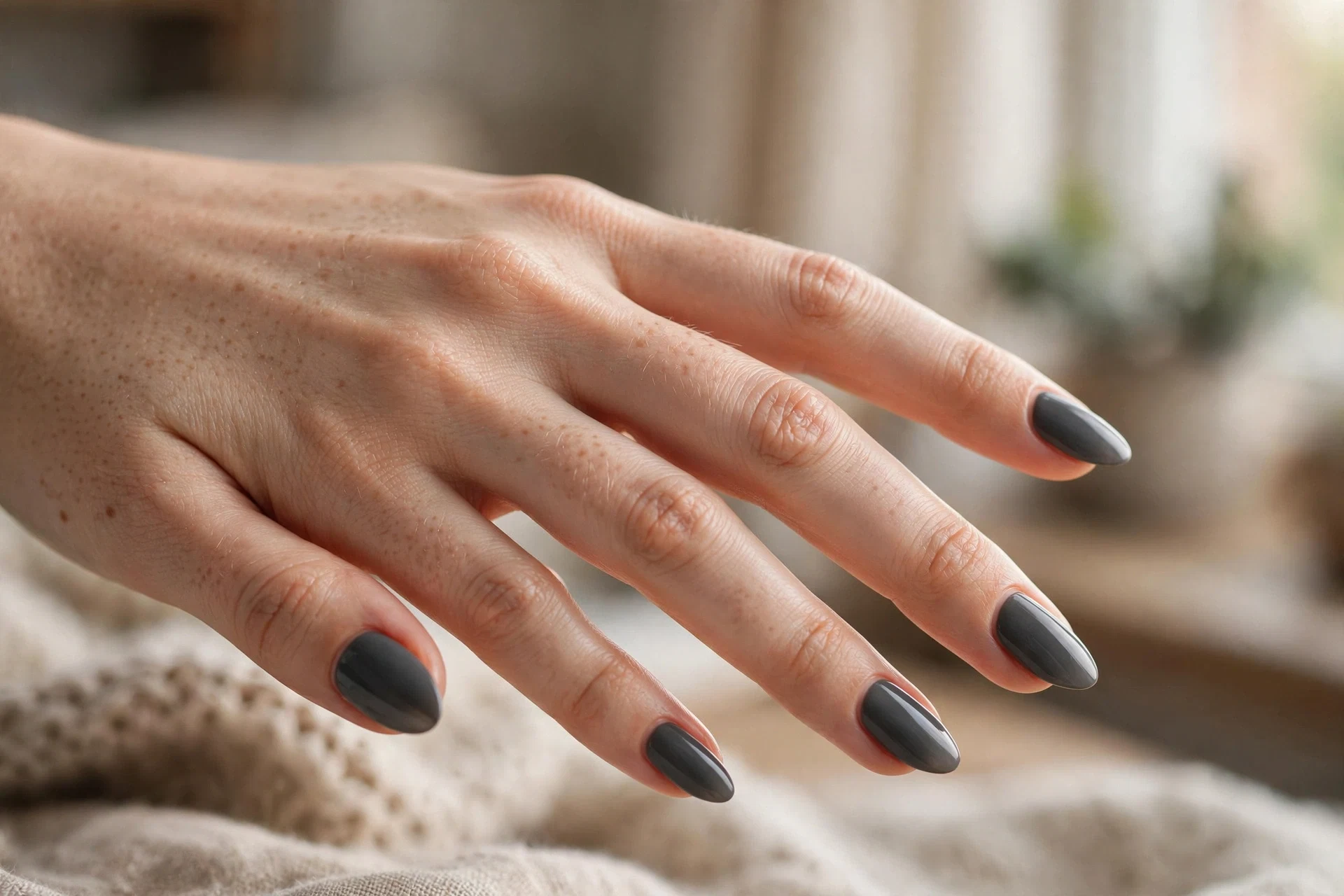 Charcoal Gray Almond Nails