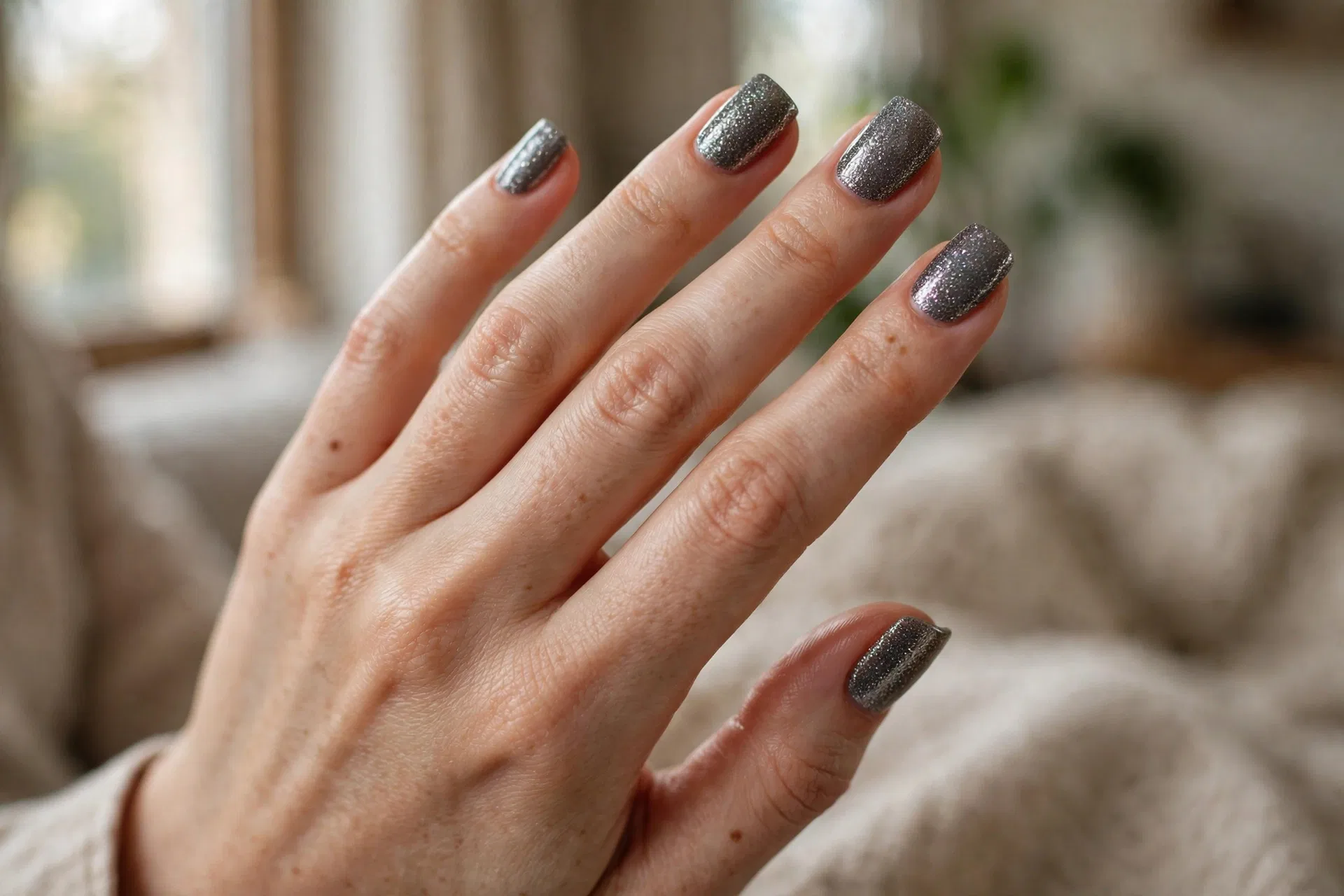 Glittering Gunmetal Nails