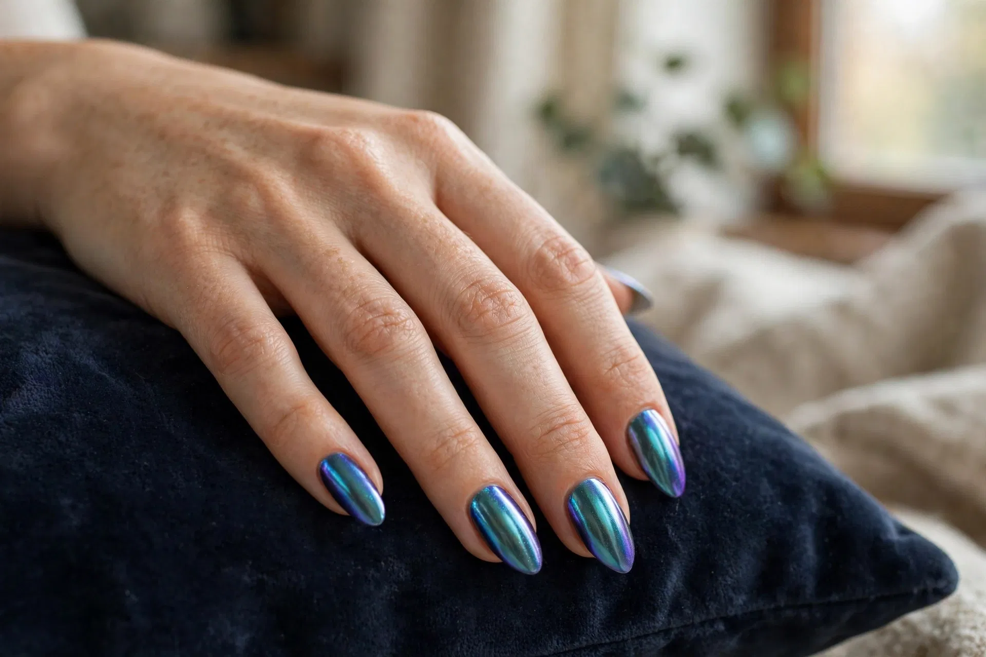 Blue Aurora Chrome Nails
